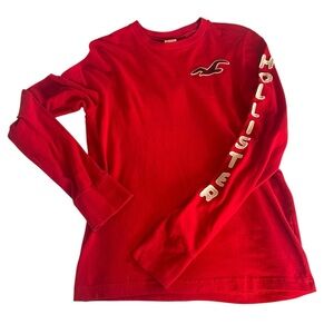 Hollister Y2K Style Mens M Long Sleeve Crew Neck Shirt Red Embroidered Logos